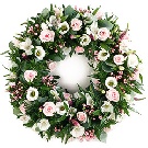Coroana funerara rotunda 50 lisiantus albi si trandafiri roz