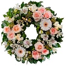 Coronita funerara 40 gerbere albe, orhidee si trandafiri roz